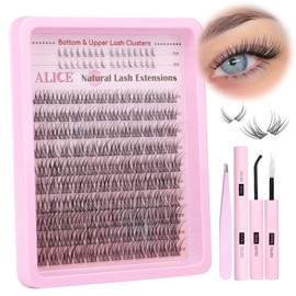 ALICE Eyelash Extension Kit Natural Lash Clusters kit with Bottom Lashes Wispy Cluster Lash Extensions Kit C Curl 10-16mm Eyelash Clusters 144pcs Lash Bond and Seal Tweezers DIY Lash Extension at Home