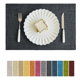 Softalker Faux Linen Placemats Set of 8-12 x 18 Inch, Heat Resistant Double Layered Durable Burlap Farmhouse Place Mats, Non-Slip Washable Rustic Table Mats for Dining, Kitchen, Party（Dark Grey