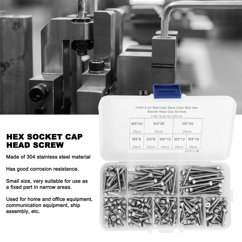 200Pcs Hex Socket Cap Head Screw 304 Stainless Steel Boxed