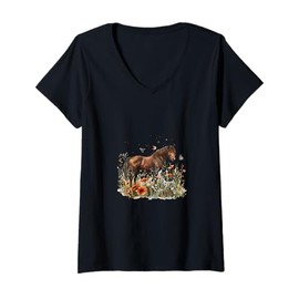 Womens Horse in Flower Meadow with Butterflies V-Neck T-Shirt