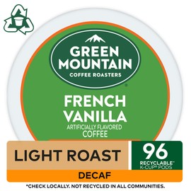 Green Mountain Coffee Roasters French Vanilla Decaf, Single-Serve Keurig K-Cup Pods, Flavored Light Roast Coffee, 96 Count