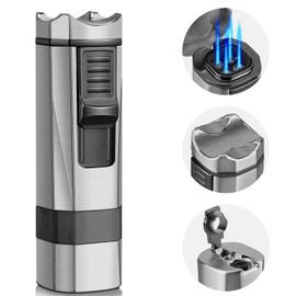 Kantion Torch Lighter, 4 Jet Flame Lighter Refillable Butane Windproof Lighter with Punch & Holder Gift for Men Women (Silver, Without Gas)