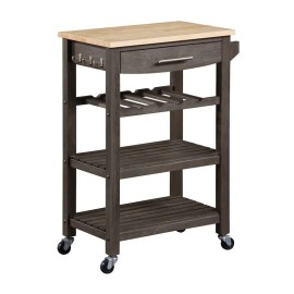 Convenience Concepts Ellaine Four-Tier Butcher Block Kitchen Cart w/ Drawer & Wine Rack in Gray Wood