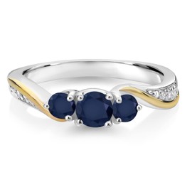 Anillo de compromiso de plata de ley 925 y oro amarillo de 10 quilates, zafiro azul y diamante blanco cultivado en laboratorio, 3 piedras para mujer (0.68 quilates, piedra natal de septiembre,