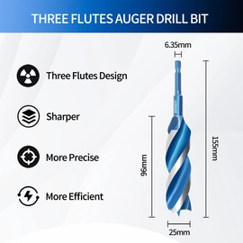 Teronbeta Wood Drill Bit 25mm x 155mm Professional 1/4 Inch Hex Shank Brad Point Auger Drill Bits for Wood