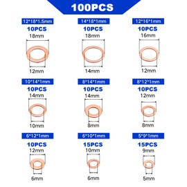 ZYDYRX Pack of 100 Washers Copper Purple Copper Metal Washers Set Flat Washers 9 Sizes Solid with Sorting Box Plastic