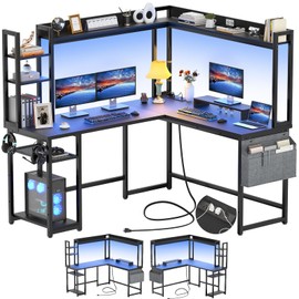 Aheaplus L Shaped Gaming Desk, Reversible L Shaped Desk with Power Outlet and Led Lights, Gaming Desk Corner Computer Desk with Hutch, Monitor Stand and Storage Bag for Home Office, Black