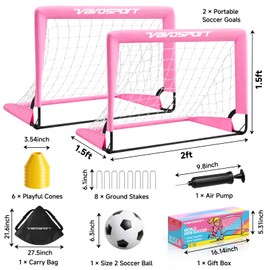 Pink Mini Toddler Soccer Goal Set, 2 Pack 2x1.5 ft Pop Up Soccer Goals for Backyard, Portable Kids Soccer Net with Ball and Cones, Indoor Outdoor Sports Games, for Boys and Girls Ages 2-5