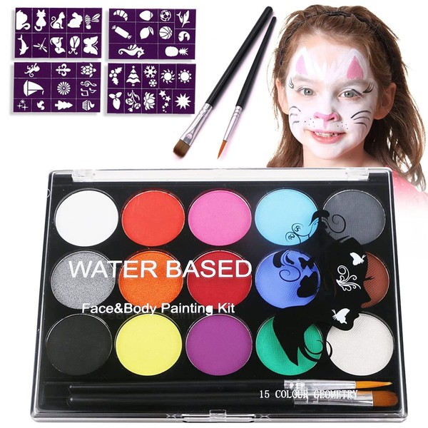 Face Paint Kit Profashional for Kids, 15 Color Halloween Makeup Body Paint Kit, 2 Brushes, Reusable Stencils, Safe＆ Non-Toxic