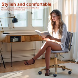 ROCKINGRUN Home Office Chair,Velvet Vanity Chair, Upholstered Swivel Desk Chair with The Woven Back,Adjustable Low Back Rolling Chair with Wheels for Living Room, Bedroom,Vanity Room，Grey