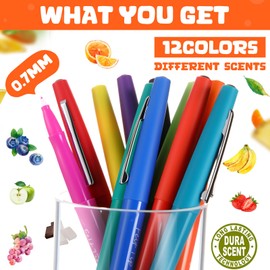 MotiMind 12 Count Scented Felt Tip Pens, 0.7mm Medium Point Felt Pens 12 Colors Markers Journal Planner for Teachers Students Journaling Writing Note Art Office School Supplies