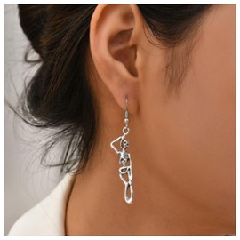 Allereya Punk Skull Skeleton Earrings Silver Skull Dangle Earrings Long Skeleton Drop Earrings Gothic Skull Bone Earrings Jewellery for Women and Girls