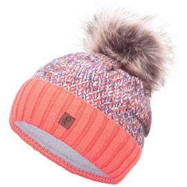 Faera Winter Warm Lined Faux Fur Bobble Hat, Fleece Lining, Winter Knitted Beanie Hat, Unisex, One Size - Orange