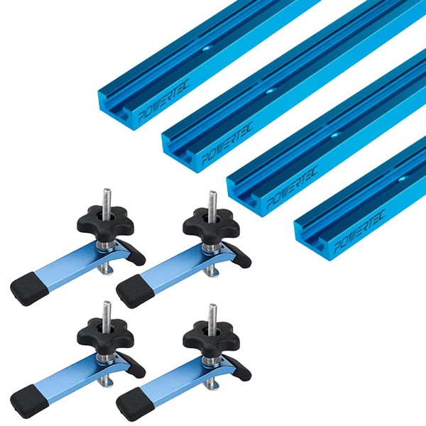 POWERTEC 71855 48 Inch x4 Universal T track with 4 Pcs Hold Down Clamp, Double-Cut Profile T track with Predrilled Mounting Holes & 5-1/2” L x 1-1/8” W T track Clamps