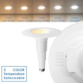 Jolux 4 Inch 5CCT LED Can Lights Adjustable Recessed Retrofit Downlight,Recessed Lighting CCT Selectable 2700K/3000K/3500K/4000K/5000K,6W=40W,500LM,Dimmable,E26 Screw Base,Bevel Trim,1-Pack.…
