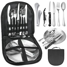 11Pcs Camping Cutlery Set - Stainless Steel Portable Picnic Utensils with Plates, Grill Tong, and Bottle Opener - Ideal for Road Trips, Picnics, and Camping Adventures