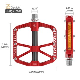 MZYRH MTB Mountain Bike Pedals with Reflectors, Aluminium Alloy Non-Slip 9/16 Inch Bicycle Pedals with 3 Bearings for Mountain Bike, Road Bike, MTB (Red)