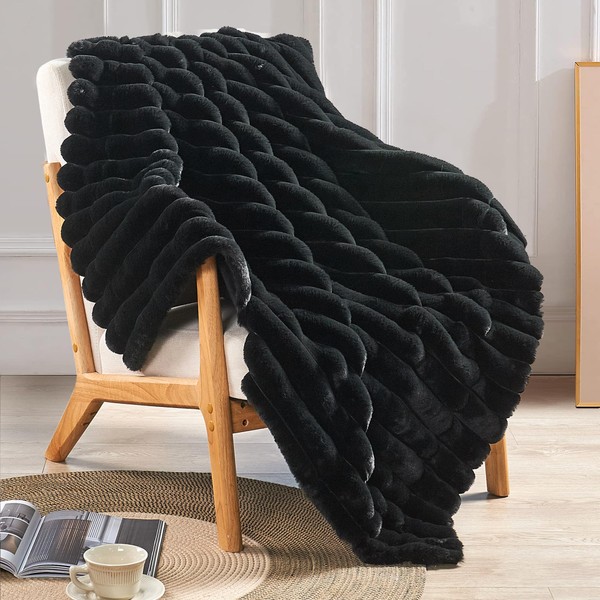Home Soft Things Fuzzy Striped Faux Fur Throw with Micromink