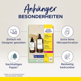 AVERY Zweckform T1001-10 Sturdy Tags Pack of 100 with Cords (90 x 50 mm on A4, Printable on Both Sides, Extra Fine Perforation, Gift Tags, Price Tags) Cardboard 185 g, White