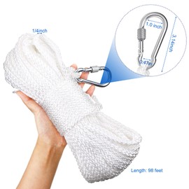 Hollow Braided Polypropylene Line Rope Heaving Line with Spring Hook for Ring Buoy Pool Life Preserver Ring Rope Boat Anchor Rope (White,30 m/ 32.8 Yards)