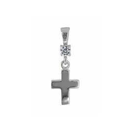 PRECIOUS STARS Sterling Silver Small Roman Cross Pendant with Round Cubic Zirconia – High Polish Christian Charm for Necklace – Minimalist Religious Easter Gift