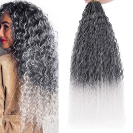 Xtrend 24 Inch Ombre Grey Pre looped Brazilian Afro Curly Crochet Hair 8 Packs Yaki Kinky Curly Water Wave Micro Crochet Hair Synthetic Deep Wave Mini Boho Braids For Women (30 Strands/Pack，Tgrey#)