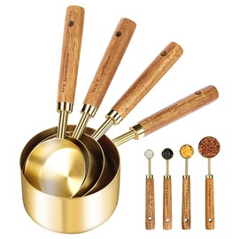 8 Pcs Golden Stainless Steel Measuring Cups and Spoons Set,Wooden Handle Baking Tools with US Measurements,Measuring Cups for Cooking, Baking, Dry & Liquid-Kitchen Baking Supplies