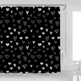 UOZXOML Black White Heart Shower Curtain Valentine's Day Love Romantic Lover Couple Wedding Woman Girls Fabric Bathroom Decor Curtains with Hooks,70 x 70