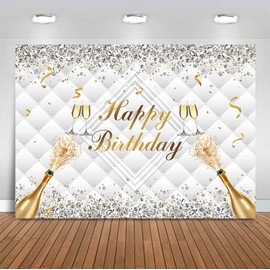 Sensfun 7x5ft White Gold Happy Birthday Backdrop Glitter Diamond Luxury Headboard Texture Photo Background Banner Women Champagne Birthday Party Decoration Supplies Photo Booth Props