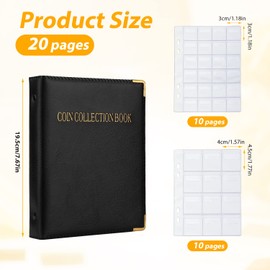 20 Pages / 360 Pockets Coin Collection Book, 3 x 3 cm and 4 x 4 cm Coin Collection Album with Leather Cover, Durable Coin Storage Coin Sheets for Collectors, All Coins (Black)