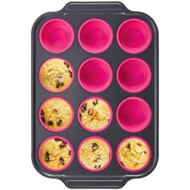 BRONYPRO Silicone Muffin Pan with Metal Frame, Egg Bite Molds for Baking, Cupcake Pans 12 Regular Size, Muffin Tins Easy to Pop Nonstick Non Toxic Bakeware for Oven,Rose Pink