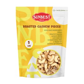 Sunbest Natural - Dry-Roasted & Unsalted Premium Cashew Pieces, 5 lbs (80 oz), Healthy Snack, Diet Friendly, Low Sodium Superfood, Certified Kosher Cashews