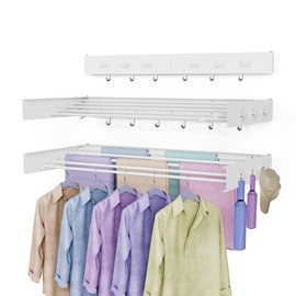 Drying Rack Clothing,Clothes Drying Rack Wall Mounted,Laundry Drying Rack Wall Mount,Foldable,Collapsible,60 lb Capacity 5 Aluminium Poles with 12 Hooks,Space Saving Clothes Drying Rack,White 40"