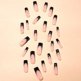 RUPOFUZA Long Press on Nails Black French Tip Fake Nails 24Pcs Square False Nails with Rhinestones Designs Acrylic Nails Press ons Artificial Nails Stick on Nails for Women