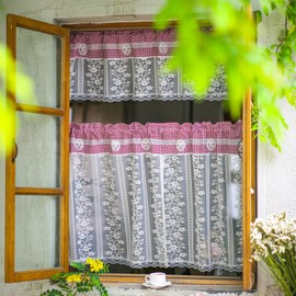 ARTMAGIC Red Plaid Kitchen Curtain Valance and Tiers Set Farmhouse Lace Sheer Curtains Set Short Window Rod Pocket for Kitchen Bedroom Bathroom Living Room(Red,3pcs,54"x18"+27"x24"x2)