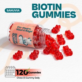 Biotin Gummies 5000µg – Hair, Skin & Nails Support – High Strength Vegan Gummy Bears – With Zinc, Vitamins C & E – 120 Gummies