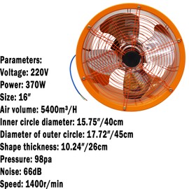 WYDDDARY 220V 16'' Axial Fan Cylinder Wall Mounted Extractor Fan Portable Ventilation Fan Cylinder Pipe Fan for Kitchen Warehouse and Workshop Air Volume 5400m³/H
