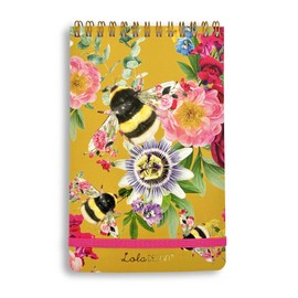 Lola Design - Top Spiral Notepad with Elastic Closure, Mustard Bee Pattern - Perfect for Jotting Down Notes, Shopping Lists, Reminders - 185x120x10mm, 150 Tear-off Pages