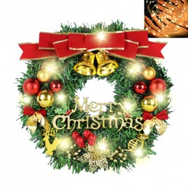 Pre-Lit Christmas Wreath for Front Door and Indoor with Lights, Decorated with Red Purple Berry Clusters, Dazzling Leaves, Gorgeous Bow&Bell Christmas Collection, 15.8" Lighted Red Gold Xmas Ribbon