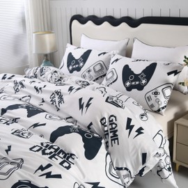 SDIII White Gamer Duvet Cover Queen with 2 Pillowcases, Not Including Comforter Inside, Corner Ties and Zipper Closure, for Boys Girls Kids and Teens
