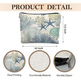 Likjad Beach Coral Seashell Makeup Bag, Blue Coastal Cosmetic Bags for Women, Ocean Starfish Beachy Makeup Pouch, Beach Lover Gifts, Nautical Coastal Zipper Pouch