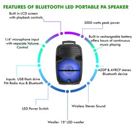 Technical Pro 3000 Watts Rechargeable 15 Inch Bluetooth LED Portable PA Speaker with Built-in LCD Screen, Microphone, Stand, SD Card, MP3 and USB connectivity with Wireless Remote, Great for Events