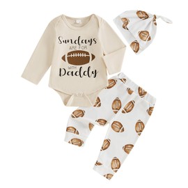 SAYOO Baby Boy Football Outfits Sundays are for with daddy Letter Print Bodysuit Romper Rugby Legging Pants Hat 3pcs Set (Beige, 0-3 Months)