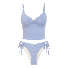 seamoly Stripes Tie Side Tankini Set, Deep Blue-03, Small
