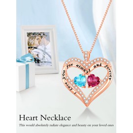 Aquamarine and Ruby Necklace 18k Rose Gold Forever Love Heart March and July Birthstone Double Heart Pendant Necklace Anniversary Jewelry Valentine Mothers Day Christmas Birthday Gifts for Women Her Wife Girlfriend Mom