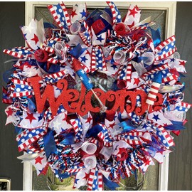 XL Welcome Ruffles & Spirals Patriotic 4th of July BLING Deco Mesh Front Door Wreath Home Holiday Decor Funky Fun Festive Summer Birthday Party Decor Indoor Outdoor