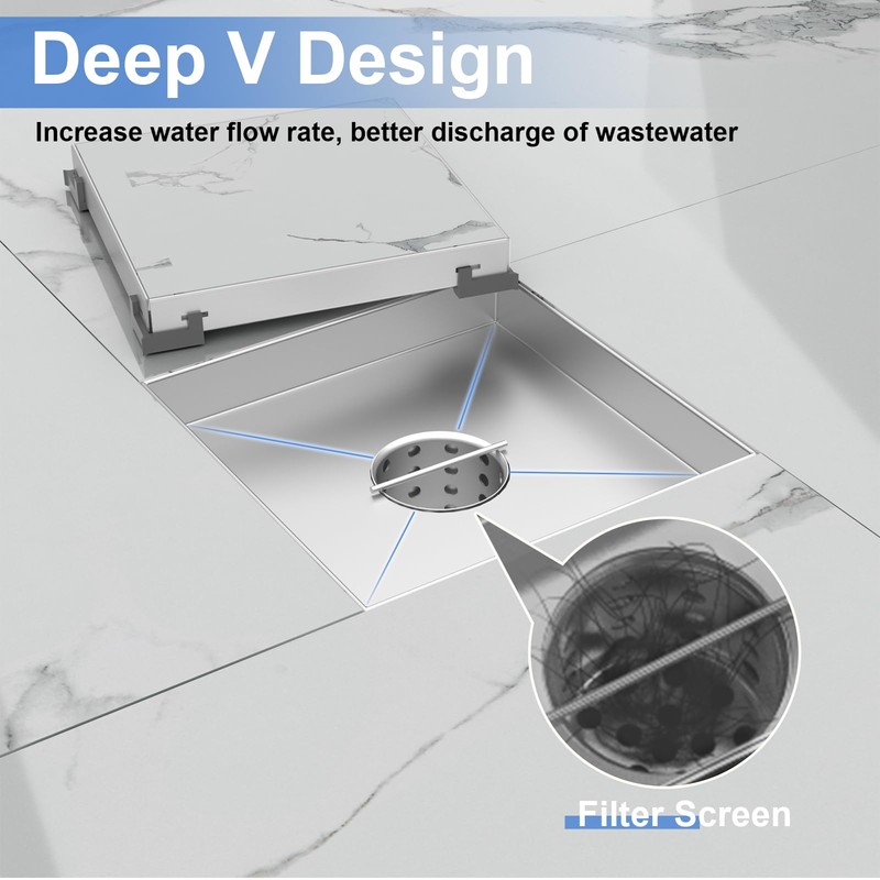 6-Inch Square Shower Drain with Tile Insert Grate, SUS 304