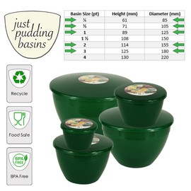 Just Pudding Basins Emerald Green Space Saving Set of Plastic Steam Pudding Bowls and Lids 5 Popular Sizes Up to 3 Pints