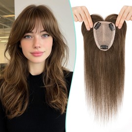 Benehair 100% Remy Human Hair Toppers for Women, 9 * 12CM Silk Base Hairpieces With Bangs 150% Density for Thinning Hair Dark Brown 10 Inch