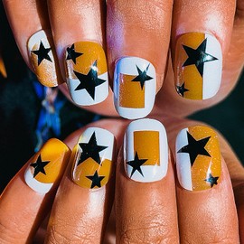 Sethexy 30Pcs White French Tip Press on Nail Short Squoval Cat Eye False Nail Star Y2K Glossy Fake Nails Reusable Acrylic Stick on Nails for Women and Girls